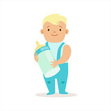 Boy In Blue Pants Standing With Milk Bottle, Adorable Smiling Baby Cartoon Character Every Day Situation