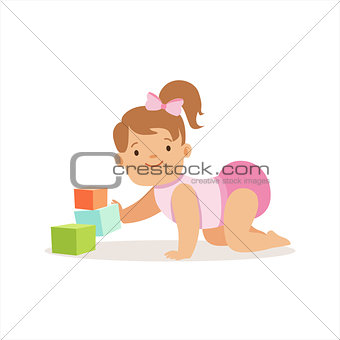 Girl In Nappy Playing With Blocks, Adorable Smiling Baby Cartoon Character Every Day Situation