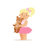 Blon Girl Standing WIth Teddy Bear, Adorable Smiling Baby Cartoon Character Every Day Situation