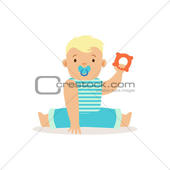 Boy Sitting With Dummy And Teethter, Adorable Smiling Baby Cartoon Character Every Day Situation