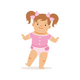 Girl With Ponytails Making First Steps, Adorable Smiling Baby Cartoon Character Every Day Situation