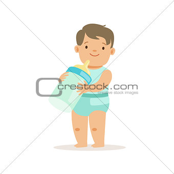 Boy Standing With Giant Milk Bottle, Adorable Smiling Baby Cartoon Character Every Day Situation