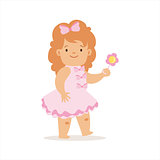 Girl In Pink Dress Walking With Flower, Adorable Smiling Baby Cartoon Character Every Day Situation