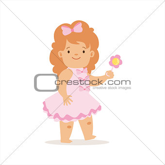 Girl In Pink Dress Walking With Flower, Adorable Smiling Baby Cartoon Character Every Day Situation