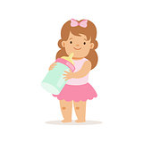 Girl In Pink Skirt With Milk Bottle, Adorable Smiling Baby Cartoon Character Every Day Situation