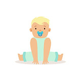 Blond Boy With Dummy Sitting, Adorable Smiling Baby Cartoon Character Every Day Situation
