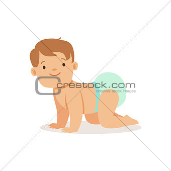Boy In Nappy Crawling, Adorable Smiling Baby Cartoon Character Every Day Situation