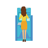 Woman Using ATM Cash MAchine. Bank Service, Account Management And Financial Affairs Themed Vector Illustration