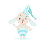 Little Girly Cute White Pet Bunny In Stripy Blue Night Hat, Cartoon Character Life Situation Illustration