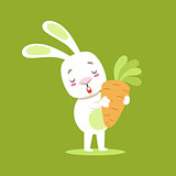 Little Girly Cute White Pet Bunny With Giant Carrot, Cartoon Character Life Situation Illustration