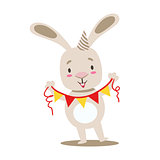 Little Girly Cute White Pet Bunny With Birthday Paper Garland On A String, Cartoon Character Life Situation Illustration