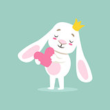 Little Girly Cute White Pet Bunny In Princess Crown Holding A Pink Heart, Cartoon Character Life Situation Illustration