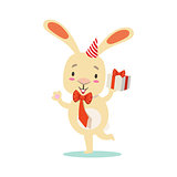 Little Girly Cute White Pet Bunny With Birthday Present Wearing Party Hat, Cartoon Character Life Situation Illustration