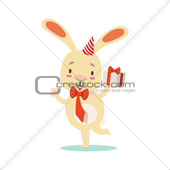 Little Girly Cute White Pet Bunny With Birthday Present Wearing Party Hat, Cartoon Character Life Situation Illustration