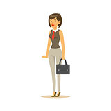 Businesswoman With Suitcase, Business Office Employee In Official Dress Code Clothing Busy At Work Smiling Cartoon Characters