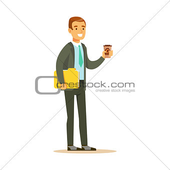 Businessman With Coffee And Papers, Business Office Employee In Official Dress Code Clothing Busy At Work Smiling Cartoon Characters