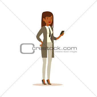 Businesswoman Checking The Phone, Business Office Employee In Official Dress Code Clothing Busy At Work Smiling Cartoon Characters