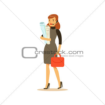Businesswoman With Headset, Business Office Employee In Official Dress Code Clothing Busy At Work Smiling Cartoon Characters