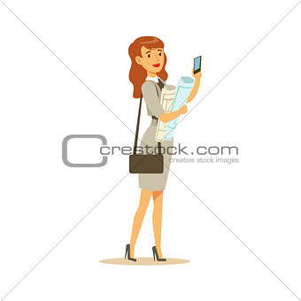 Businesswoman Walking With Hands Full OF Project Papers, Business Office Employee In Official Dress Code Clothing Busy At Work Smiling Cartoon Characters