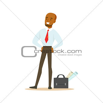 Manager With Suitcase And Project Papers, Business Office Employee In Official Dress Code Clothing Busy At Work Smiling Cartoon Characters