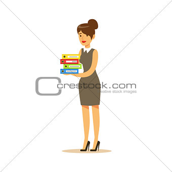Secretary With Pile Of Folders, Business Office Employee In Official Dress Code Clothing Busy At Work Smiling Cartoon Characters