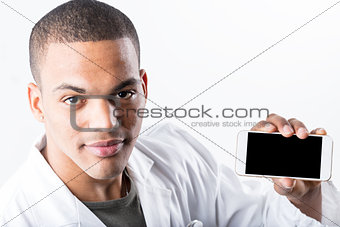 scientist showing a COPYSPACE in a blank mobile screen