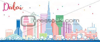 Outline Dubai Skyline with Color Buildings.