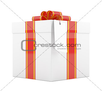 Gift box with red ribbon bow and label