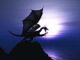 3D fantasy dragon against sunset ocean
