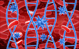 3D blood cells, DNA strands and virus cells