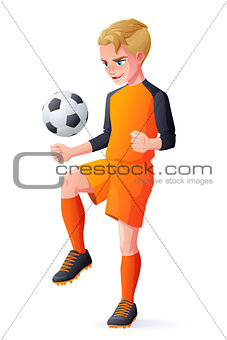 Vector young football or soccer player boy playing with ball.