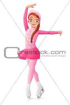Vector cute smiling young girl figure skating on ice.
