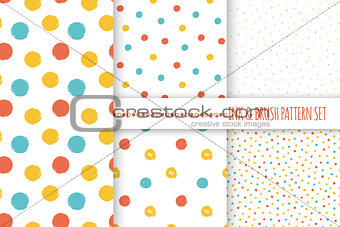 Set of seamless vector free hand multicolored baby doodle polka dot and circle textures, dry brush ink art.
