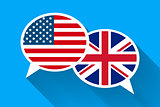 Two white speech bubbles with American and Great britain flags.