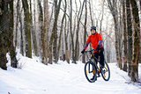 Mountain Biker Resting Bike on the Snowy Trail in Beautiful Winter Forest