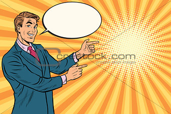 Businessman points right to copy space background