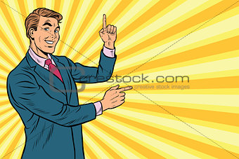 Businessman points up and sideways to copy space background