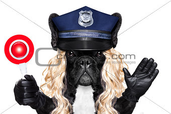 policeman or policewoman with dog with stop sign