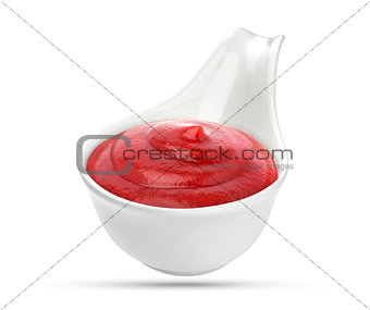 Ketchup in bowl isolated on white background. Portion of tomato sauce. With clipping path.