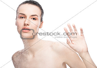 Beauty woman girl natural makeup through wet glass