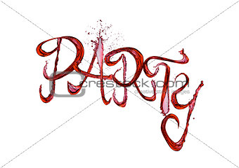 Red wine splash party font with drops on white