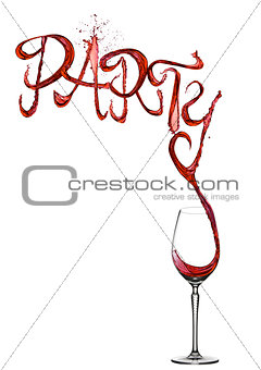 Red wine splash party font pouring to glass
