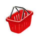 Red plastic basket for shopping.