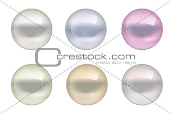 Realistic pearls of different colors set. Collection  jewelry gems isolated on white background. Vector illustration