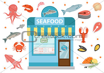 Seafood icons set with  shop building, fish, octopus, squid, shrimp, crab. Isolated on white background. Vector illustration