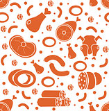 Meat products seamless pattern, flat style. Meats and sausage endless background, texture. Vector illustration