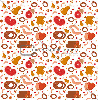 Meat products seamless pattern, flat style. Meats and sausage endless background, texture. Vector illustration