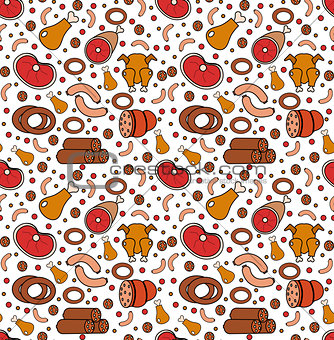 Meat products seamless pattern, modern line, doodle, sketch style. Meats and sausage endless background, texture. Vector illustration
