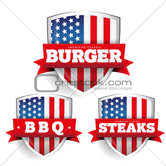 Burger, Steaks, Bbq vintage shield with USA flag