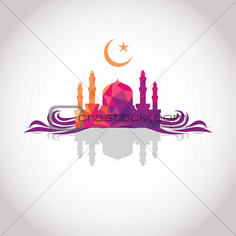 Colorful mosaic design - Mosque and Crescent moon, wave, shadow, red color